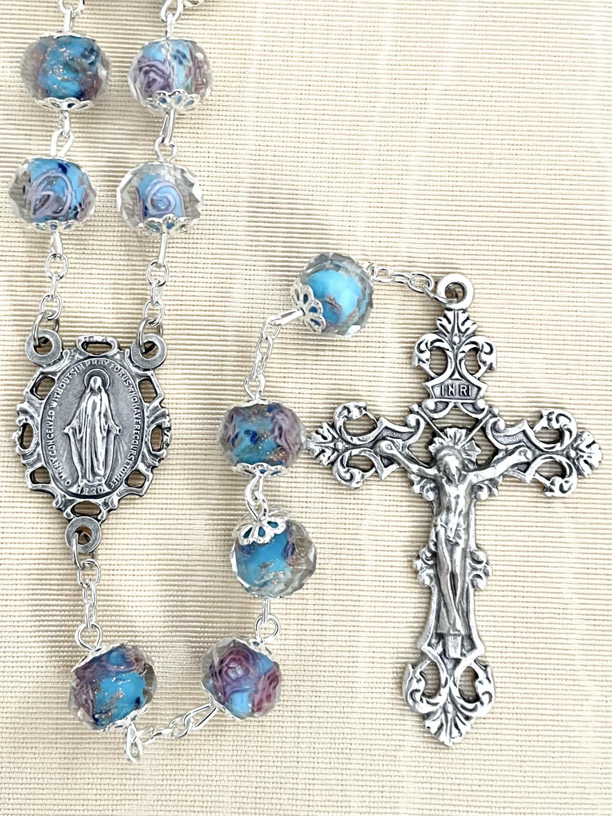 10X8 AQUA CRYSTAL HAND PAINTED ROSE ROSARY WITH CAPS. GIFT BOXED