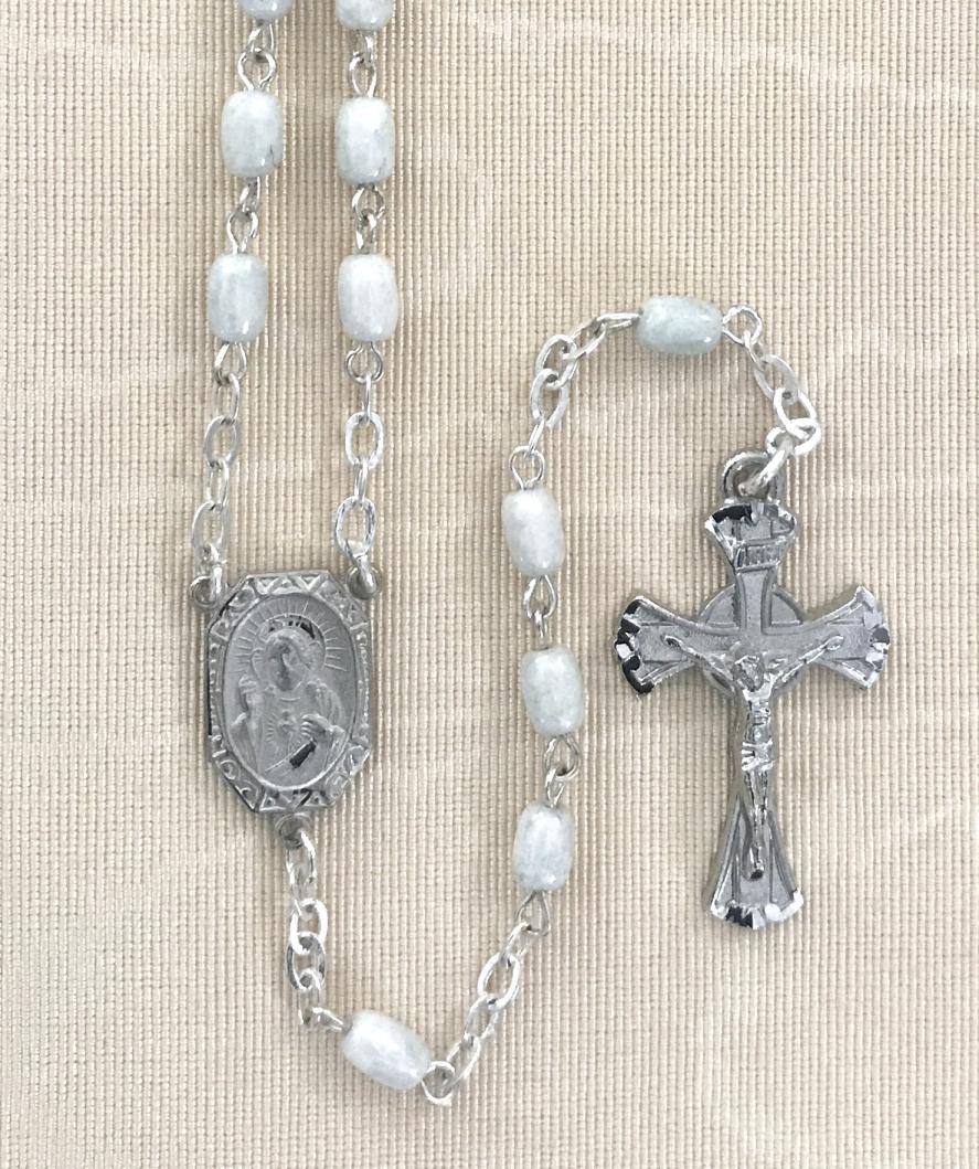 4x6 WHITE MARBLE ROSARY WITH STERLING SILVER PLATED CRUCIFIX AND CENTER GIFT BOXED