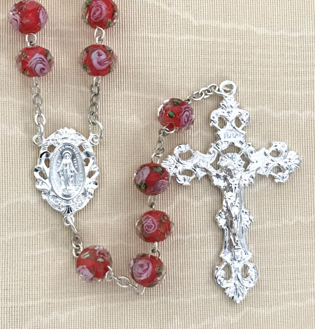 10x8MM RUBY HAND PAINTED ROSE ROSARY WITH STERLING SILVER PLATED CRUCIFIX AND CENTER GIFT BOXED