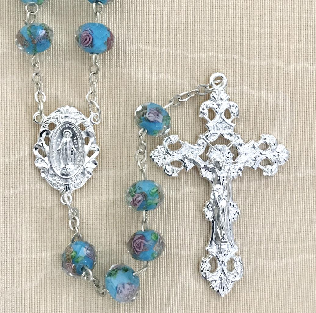 10x8MM AQUA HAND PAINTED ROSE ROSARY WITH STERLING SILVER PLATED CRUCIFIX AND CENTER GIFT BOXED
