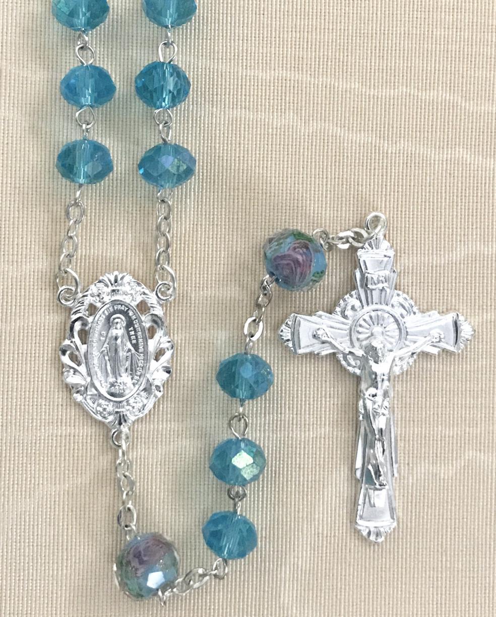 8X6 TIN CUT AB AQUA ROSARY WITH STERLING SILVER PLATED CRUCIFIX AND CENTER GIFT BOXED