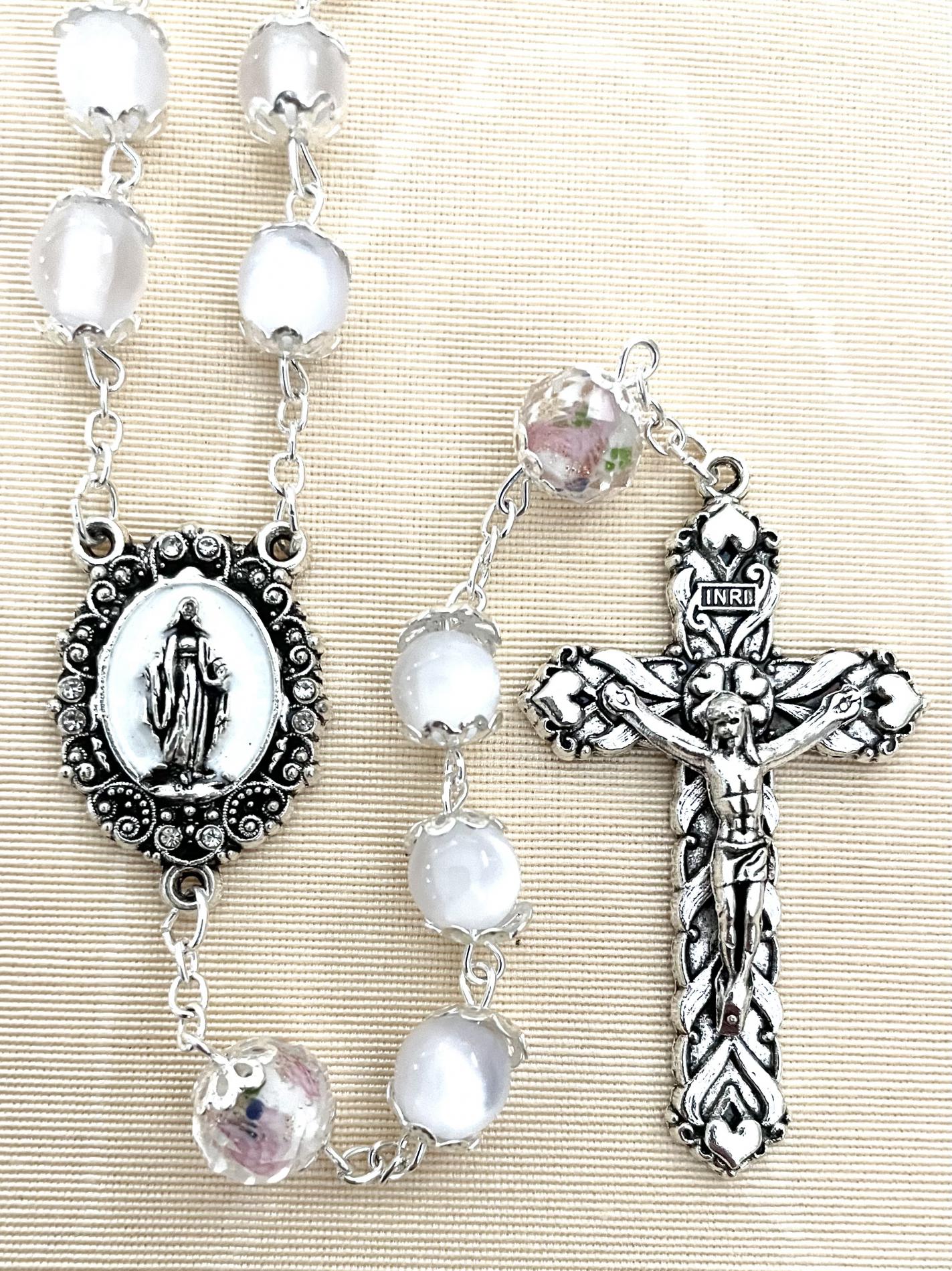 8 mm White Double Capped Cat's Eye Rosary with Enameled Centerpiece and Hand Painted Floral OF Beads