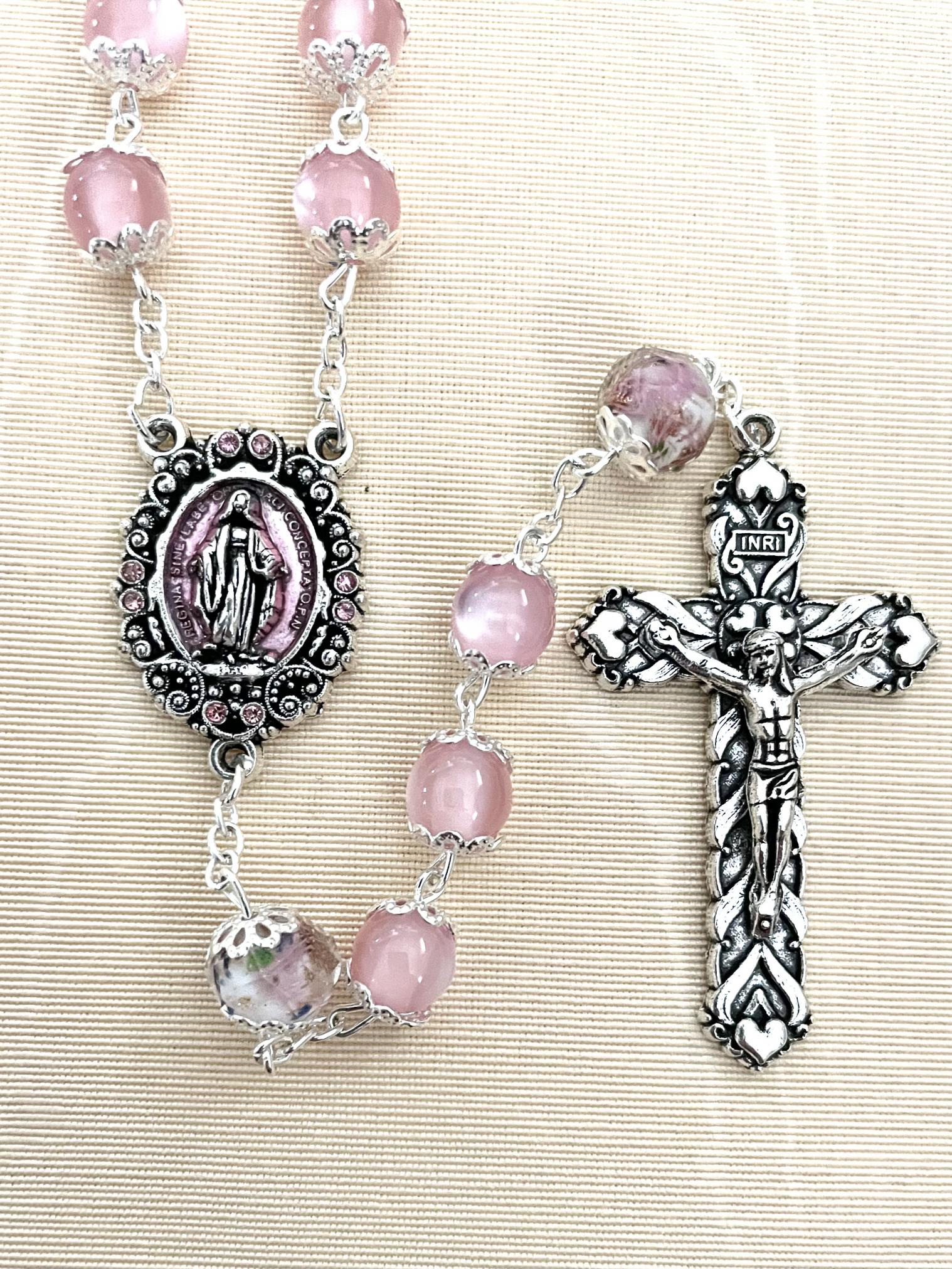 8 mm Pink Double Capped Cat's Eye Rosary with Enameled Centerpiece and Hand Painted Floral OF Beads