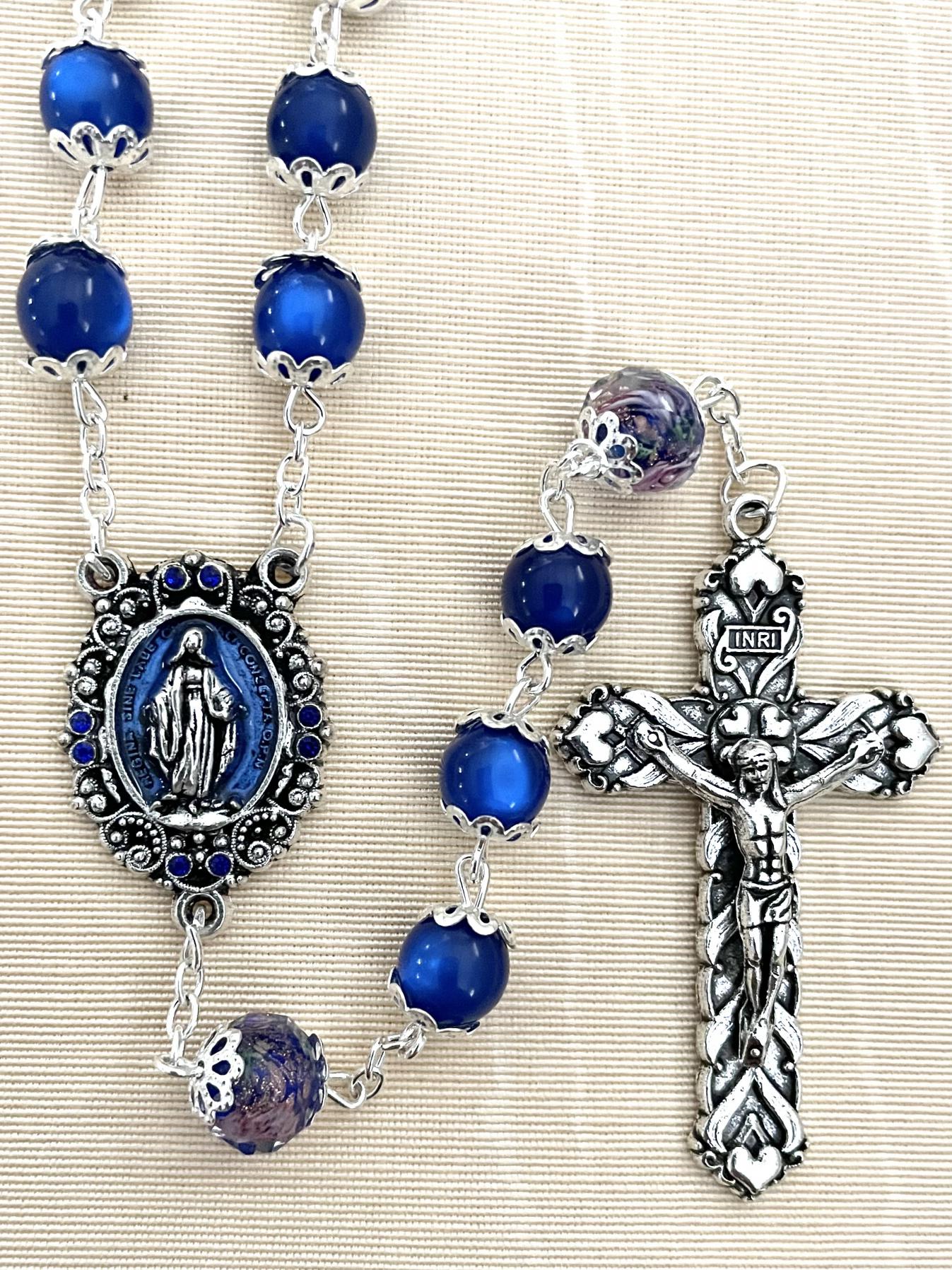 8 mm Sapphire Double Capped Cat's Eye Rosary with Enameled Centerpiece and Hand Painted Floral OF Beads