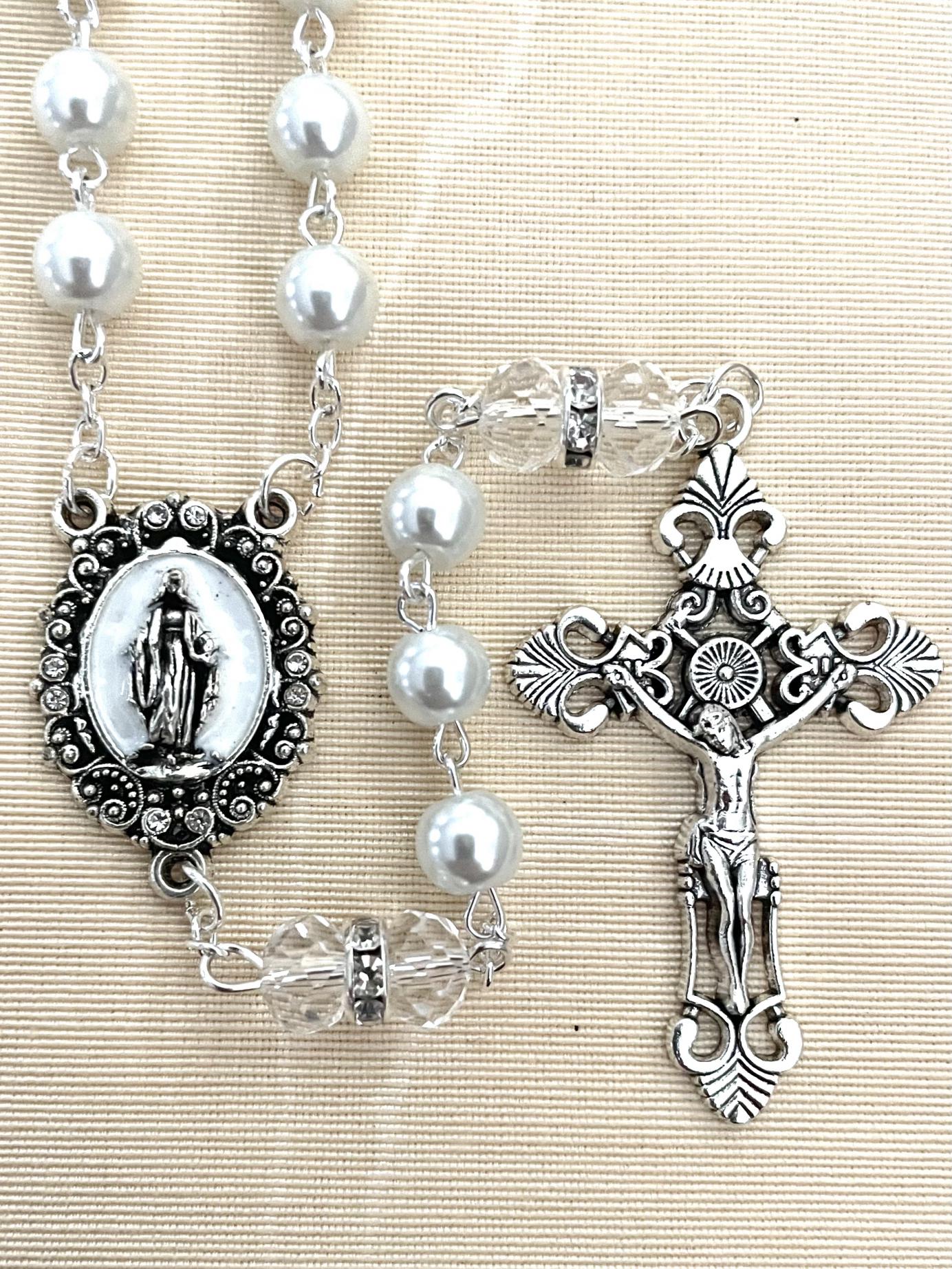 7 MM Pearl Rosary with Crystal Rhinestone OF Beads and Enameled Centerpiece
