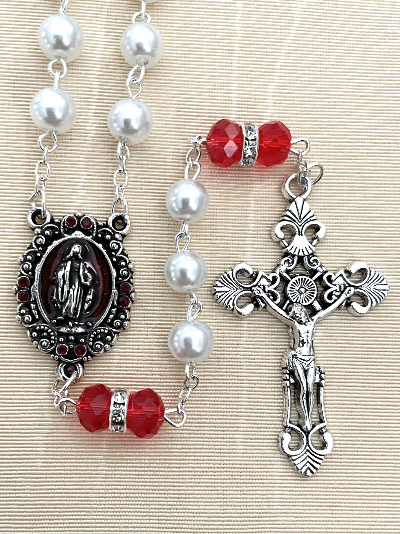 7 MM Pearl Rosary with Ruby Rhinestone OF Beads and Enameled Centerpiece