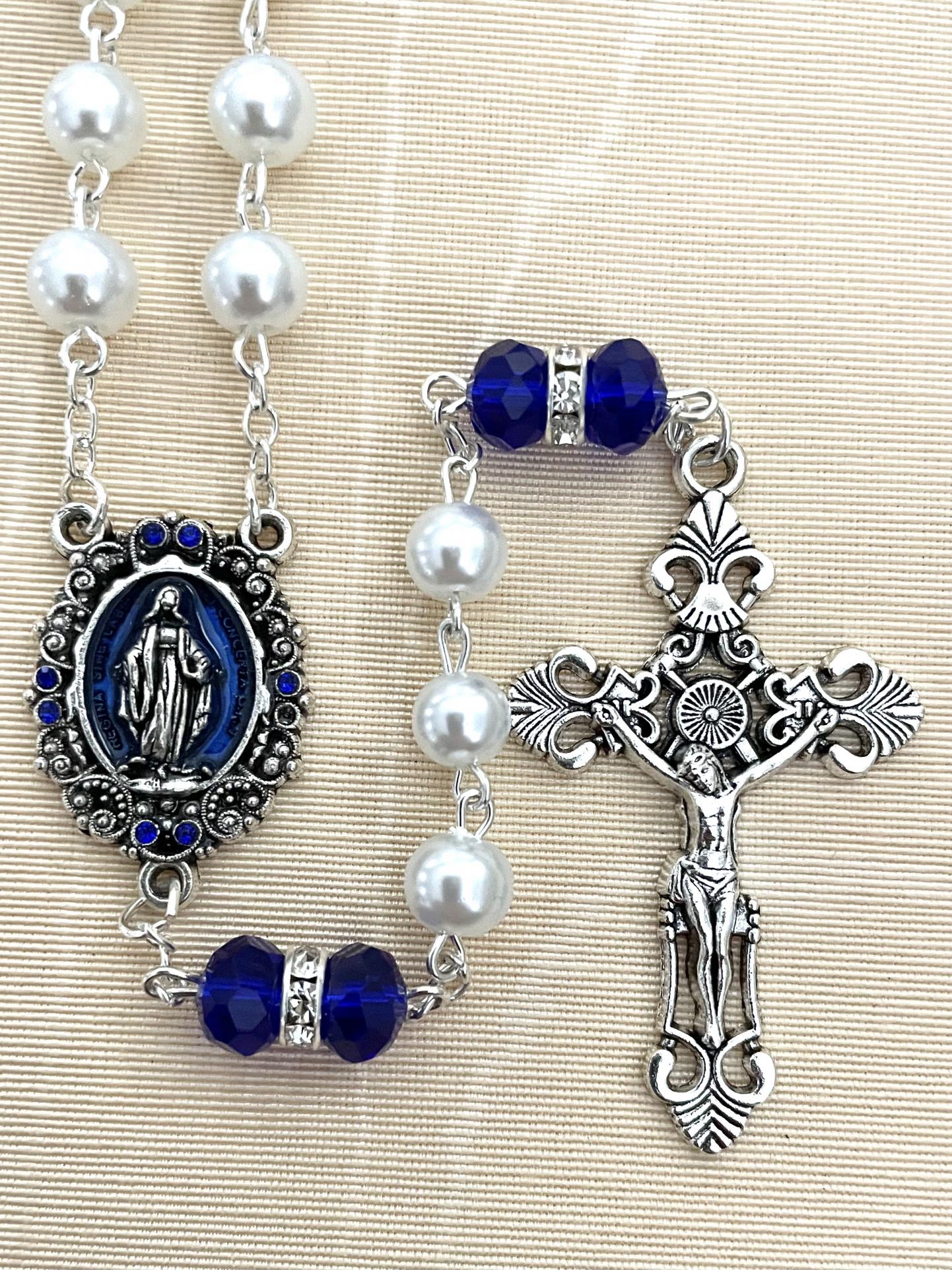 7 MM Pearl Rosary with Sapphire Rhinestone OF Beads and Enameled Centerpiece