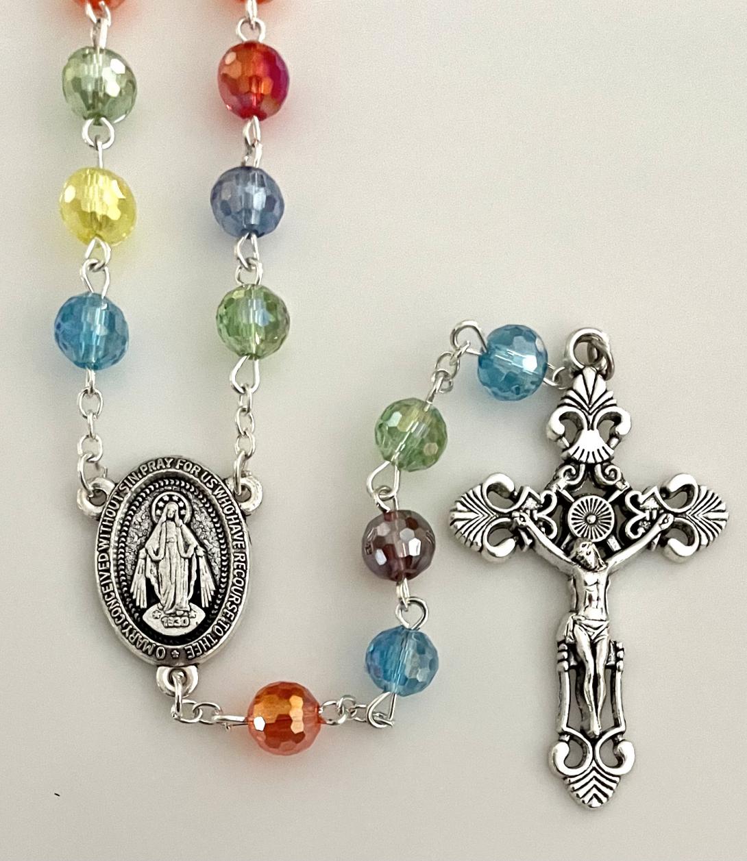 8mm TIN CUT MULTICOLOR ROSARY WITH SILVER OXIDIZED CRUCIFIX AND CENTER GIFT BOXED 