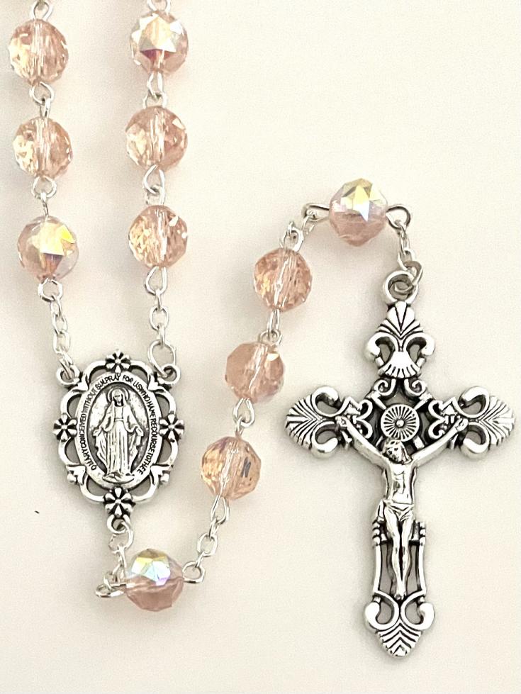8mm TIN CUT ROSE AB ROSARY WITH SILVER OXIDIZED CRUCIFIX AND CENTER GIFT BOXED 