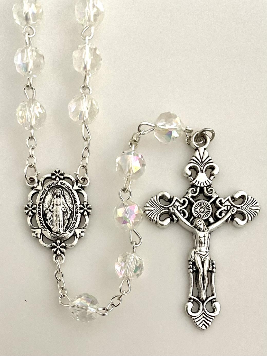8mm TIN CUT CRYSTAL AB ROSARY WITH SILVER OXIDIZED CRUCIFIX AND CENTER GIFT BOXED 