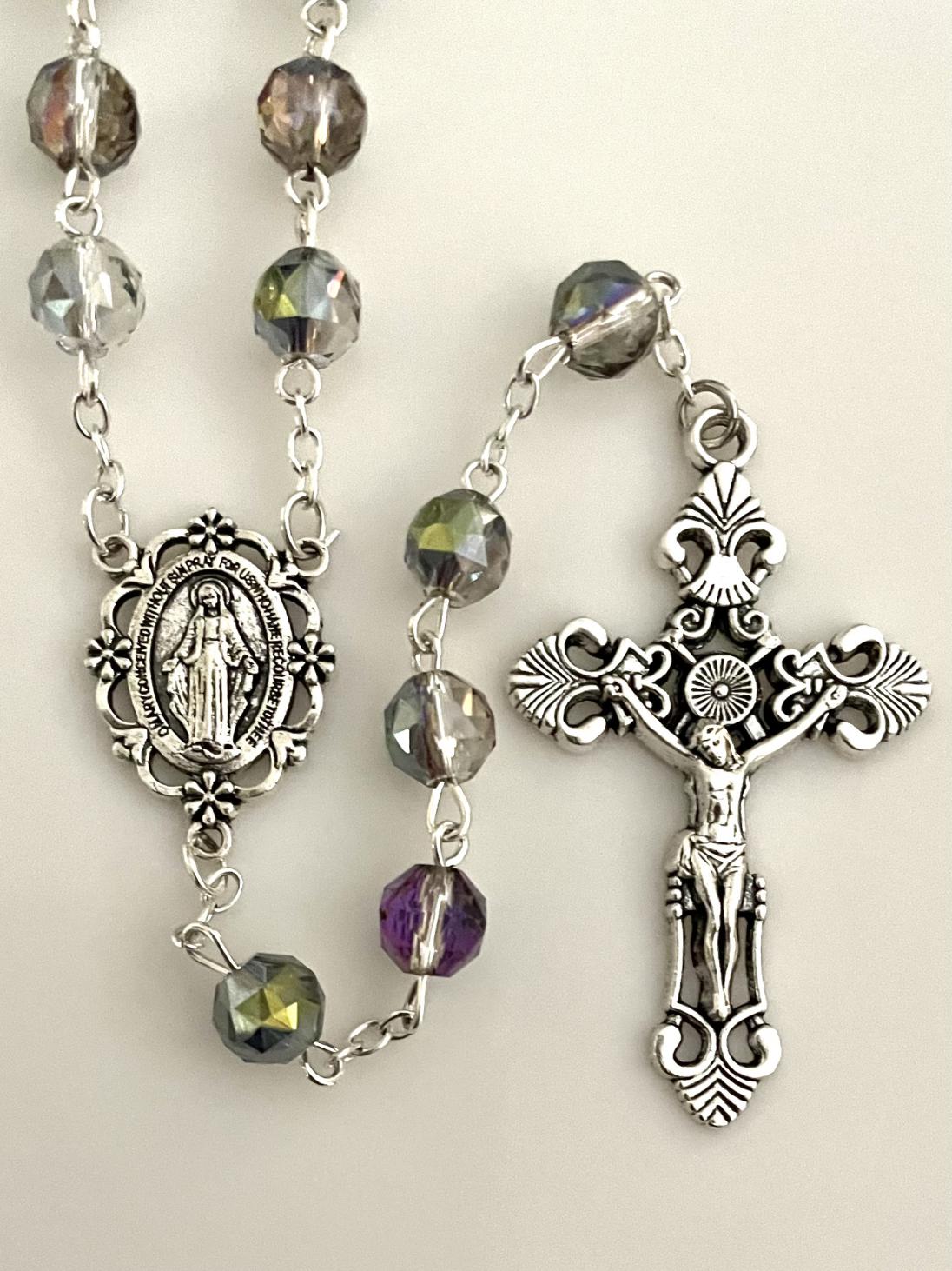 8mm TIN CUT IRIDESCENT AB ROSARY WITH SILVER OXIDIZED CRUCIFIX AND CENTER GIFT BOXED 