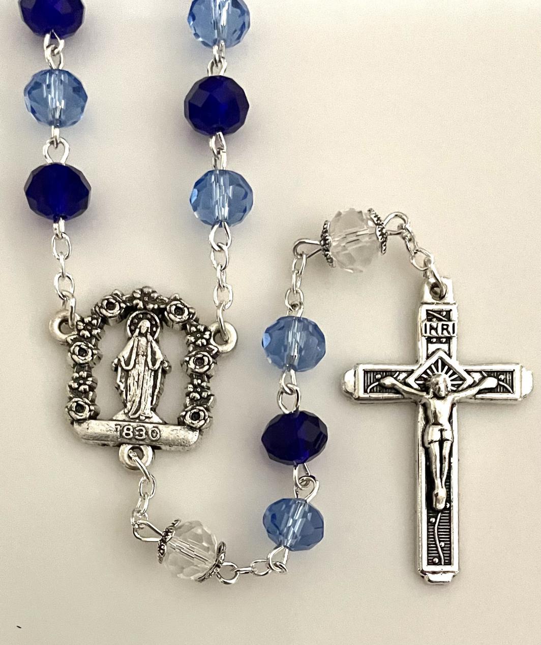 8x6mm TIN CUT SAPPHIRE OLG ROSARY WITH SILVER OXIDIZED CRUCIFIX AND CENTER GIFT BOXED 