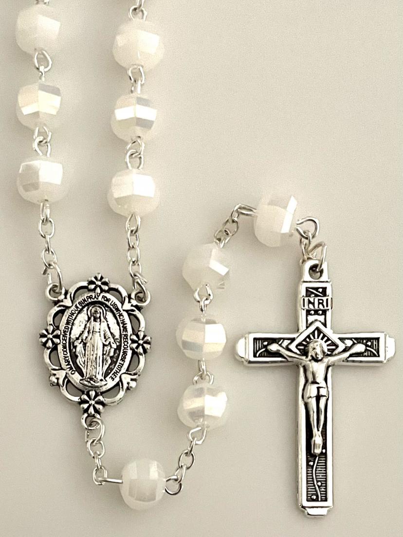 8x7mm TIN CUT OPAL ROSARY WITH SILVER OXIDIZED CRUCIFIX AND CENTER GIFT BOXED 