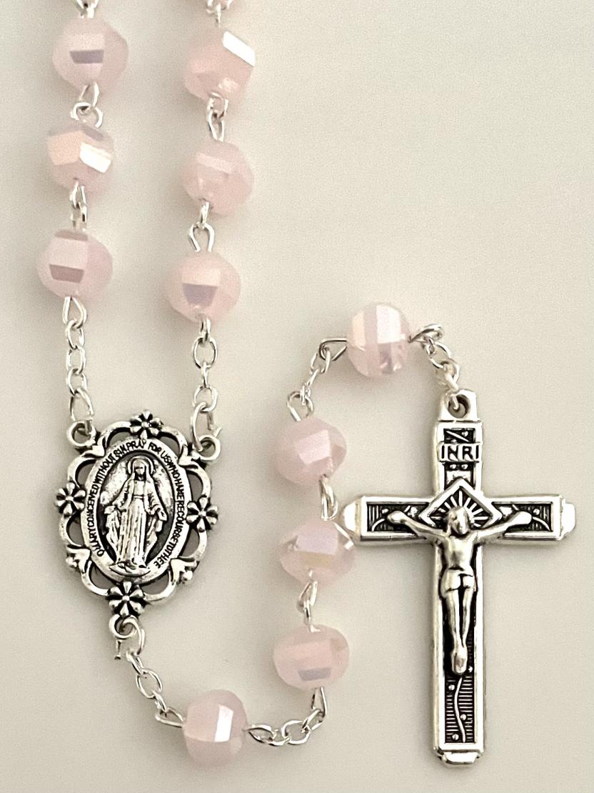 8x7mm TIN CUT ROSE ROSARY WITH SILVER OXIDIZED CRUCIFIX AND CENTER GIFT BOXED 