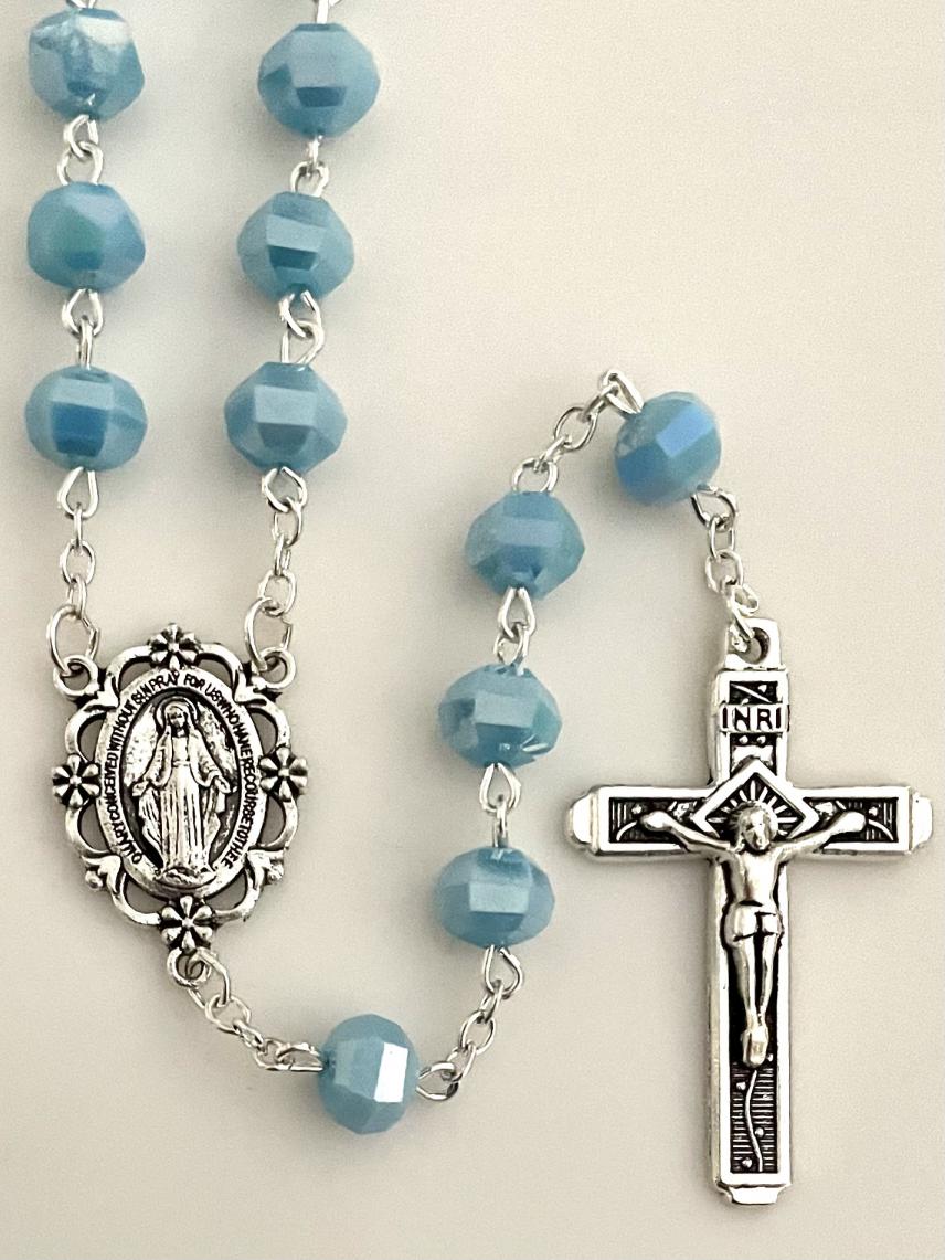 8x7mm TIN CUT AQUA ROSARY WITH SILVER OXIDIZED CRUCIFIX AND CENTER GIFT BOXED 