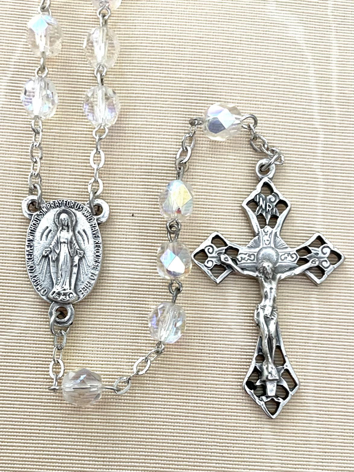 7MM CRYSTAL DIAMOND CUT ROSARY WITH ROMAGNA CRUCIFIX AND CENTER. GIFT BOXED