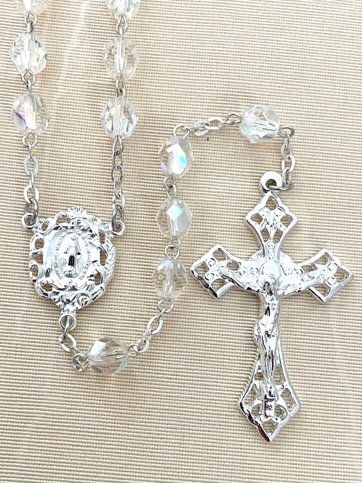 7MM CRYSTAL DIAMOND CUT ROSARY WITH STERLING SILVER PLATE CRUCIFIX AND CENTER. GIFT BOXED
