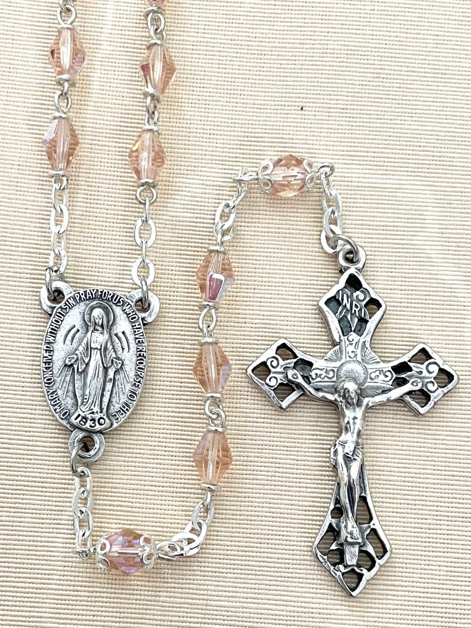 6x8MM ROSE TIN CUT ROSARY WITH ROMAGNA CRUCIFIX AND CENTER. GIFT BOXED