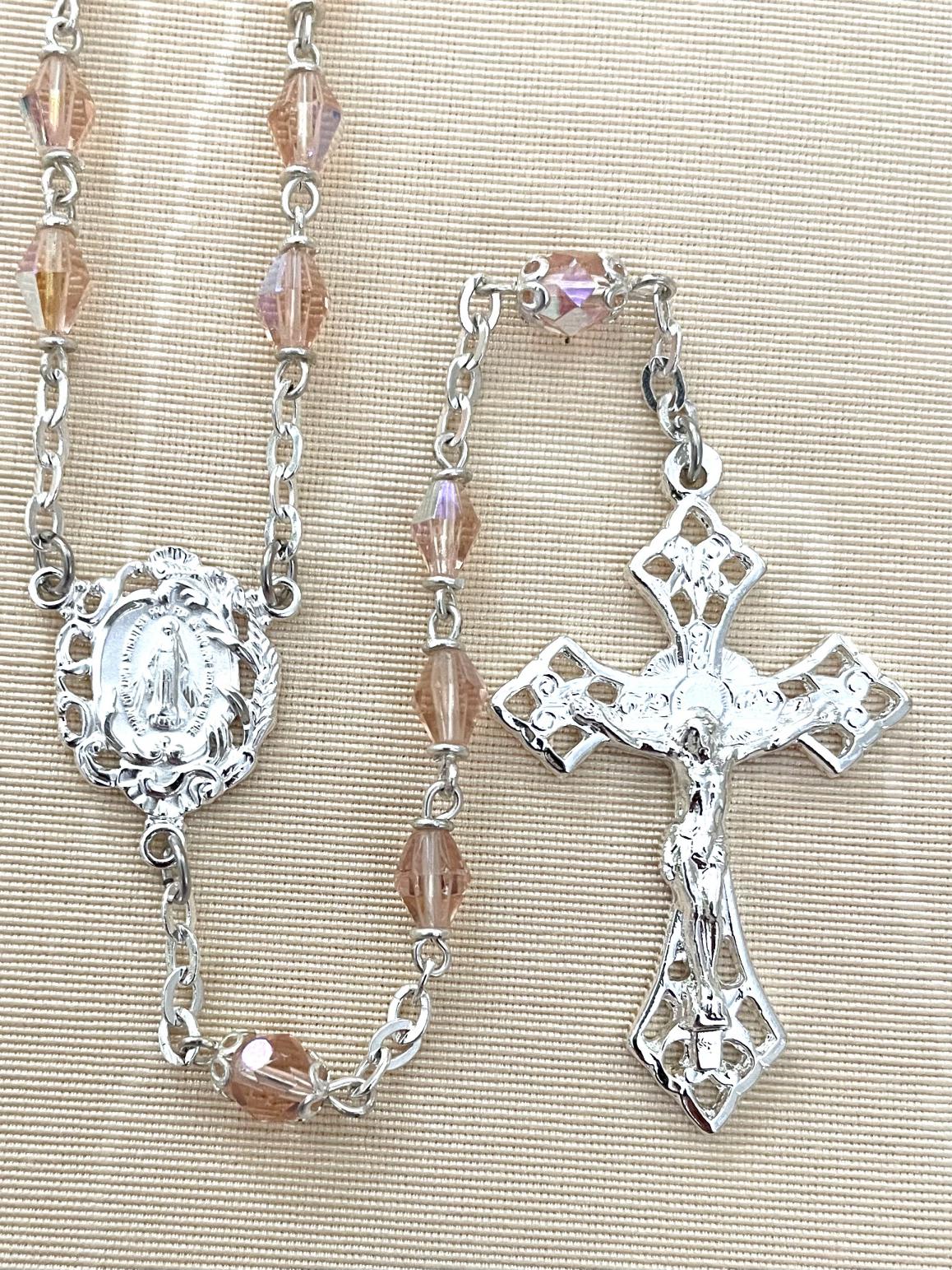 6x8MM ROSE TIN CUT ROSARY WITH STERLING SILVER PLATE CRUCIFIX AND CENTER. GIFT BOXED