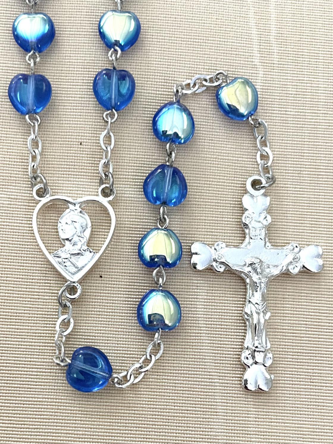 8x8MM SAPPHIRE AB HEART SHAPE STERLING SILVER PLATE CENTER AND CRUCIFIX ROSARY. GIFT BOXED
