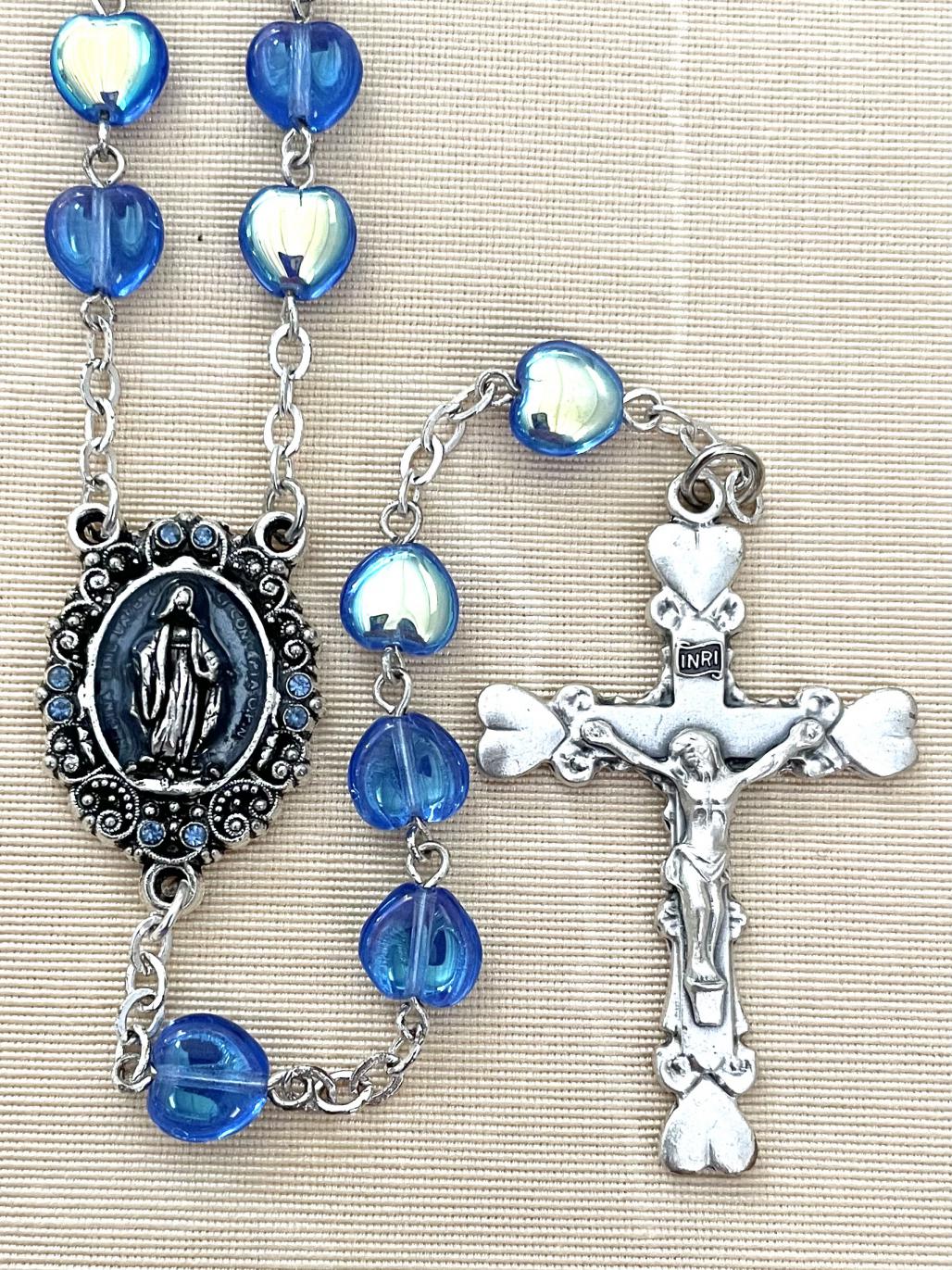 8x8MM SAPPHIRE AB HEART SHAPE ENAMELED CENTER AND CRUCIFIX ROSARY. GIFT BOXED
