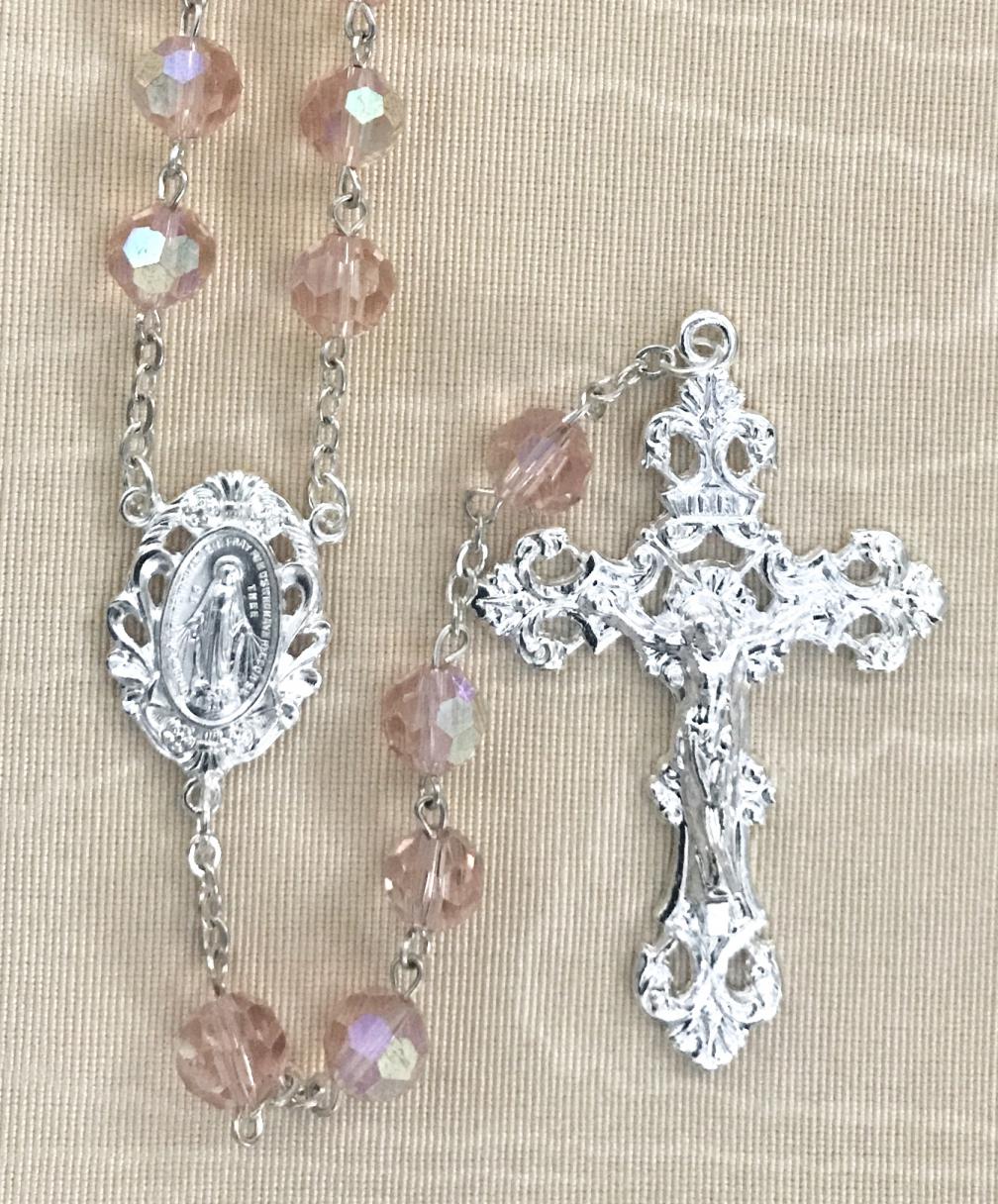 8mm PINK TIN CUT ROSARY WITH STERLING SILVER PLATED CRUCIFIX AND CENTER GIFT BOXED