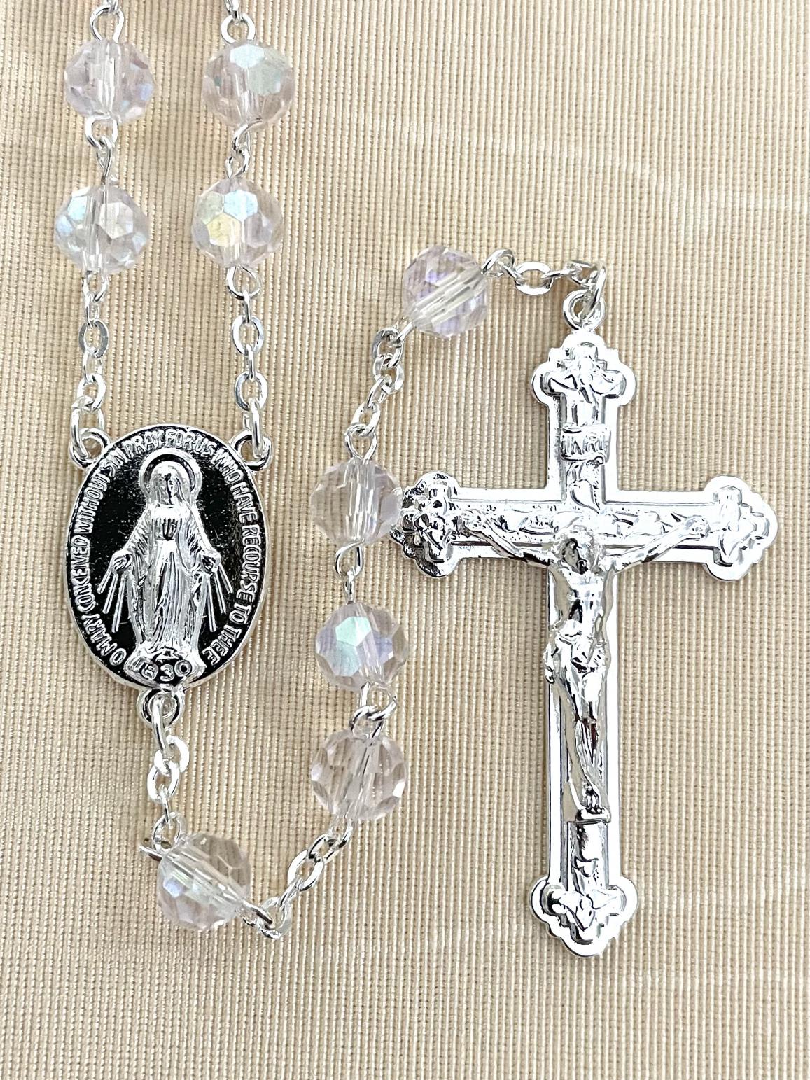 8mm CRYSTAL TIN CUT ROSARY WITH STERLING SILVER PLATED CRUCIFIX AND CENTER GIFT BOXED