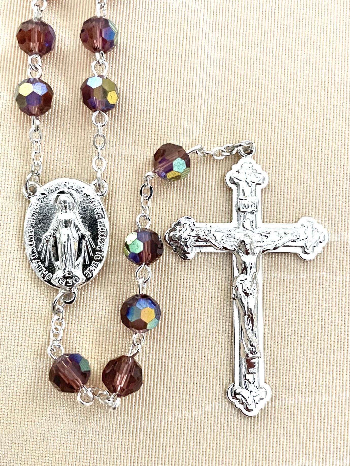 8mm AMETHYST TIN CUT ROSARY WITH STERLING SILVER PLATED CRUCIFIX AND CENTER GIFT BOXED