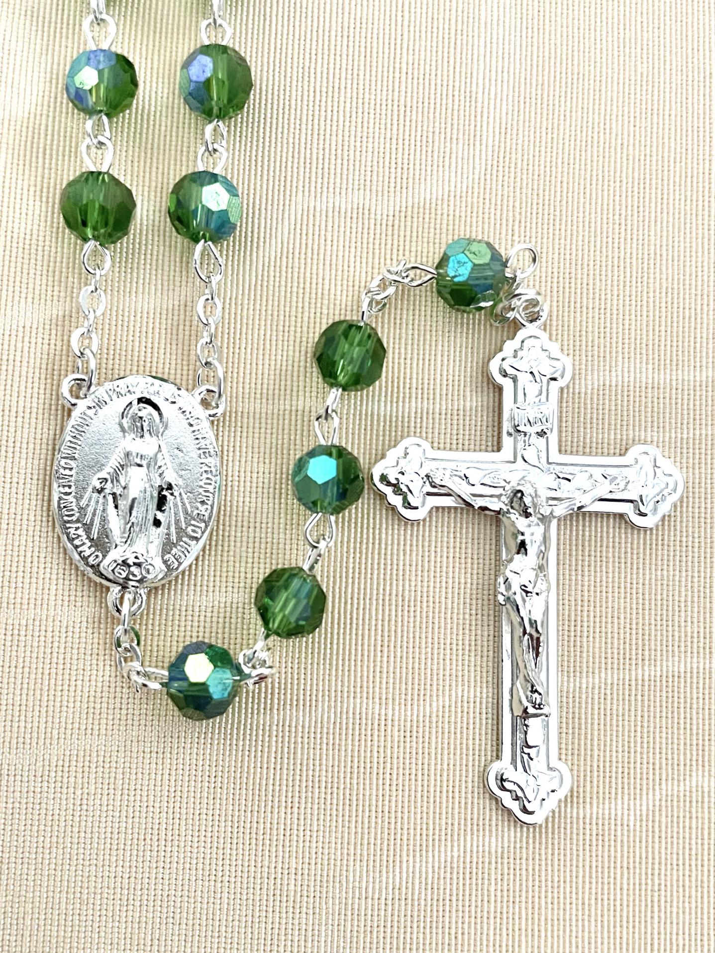 8mm EMERALD TIN CUT ROSARY WITH STERLING SILVER PLATED CRUCIFIX AND CENTER GIFT BOXED