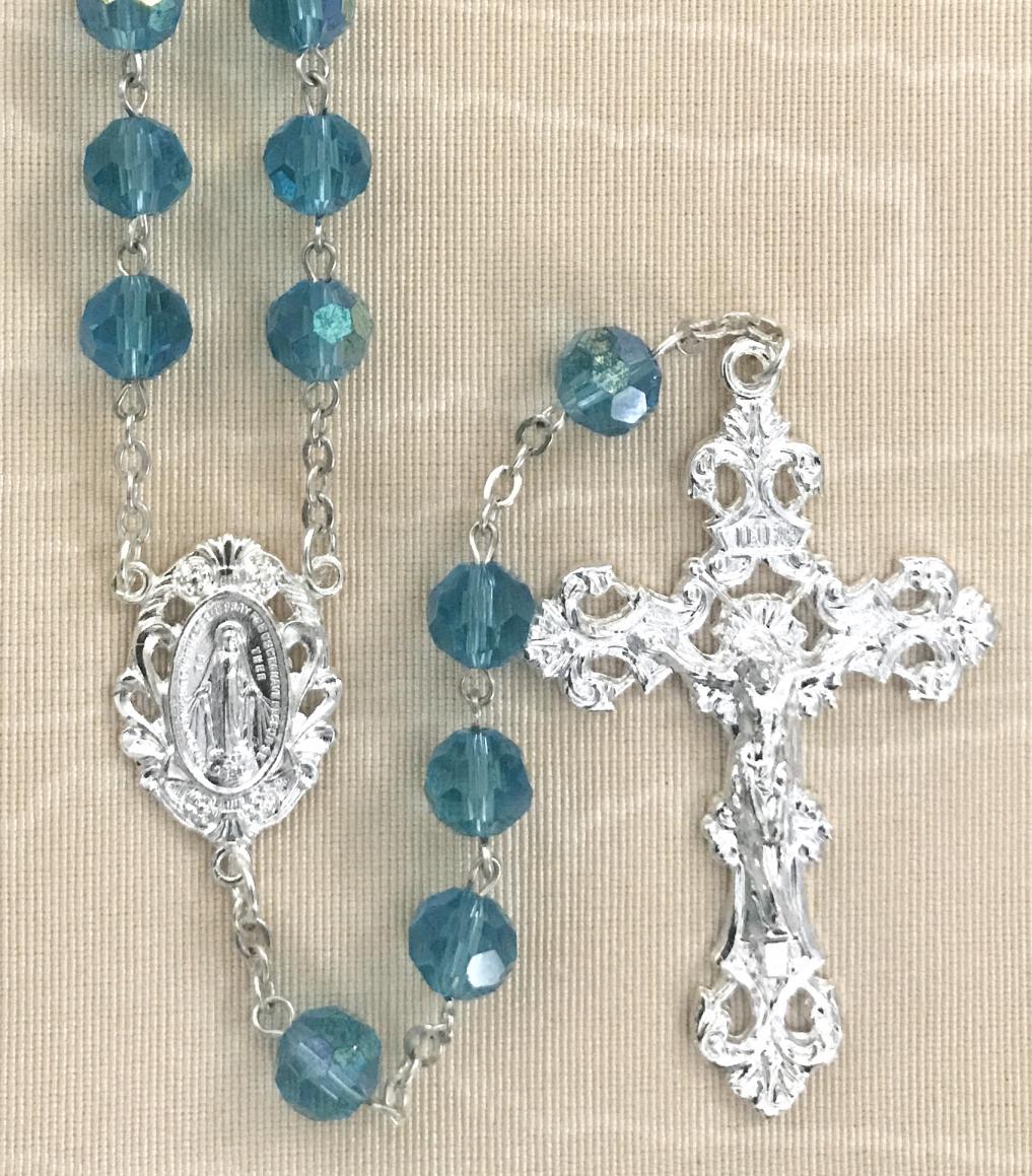 8mm AQUA TIN CUT ROSARY WITH STERLING SILVER PLATED CRUCIFIX AND CENTER GIFT BOXED