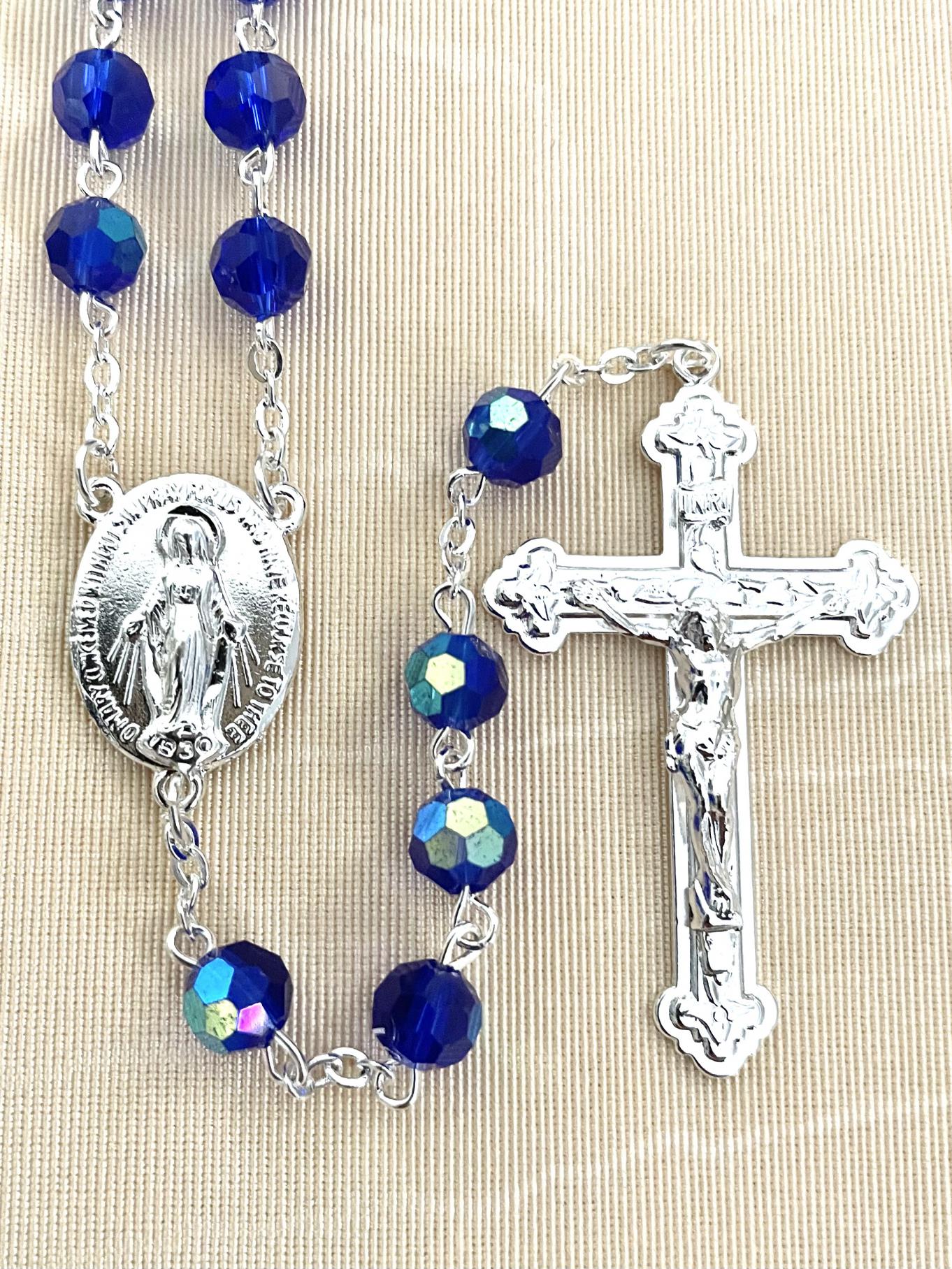 8mm DARK SAPPHIRE TIN CUT ROSARY WITH STERLING SILVER PLATED CRUCIFIX AND CENTER GIFT BOXED