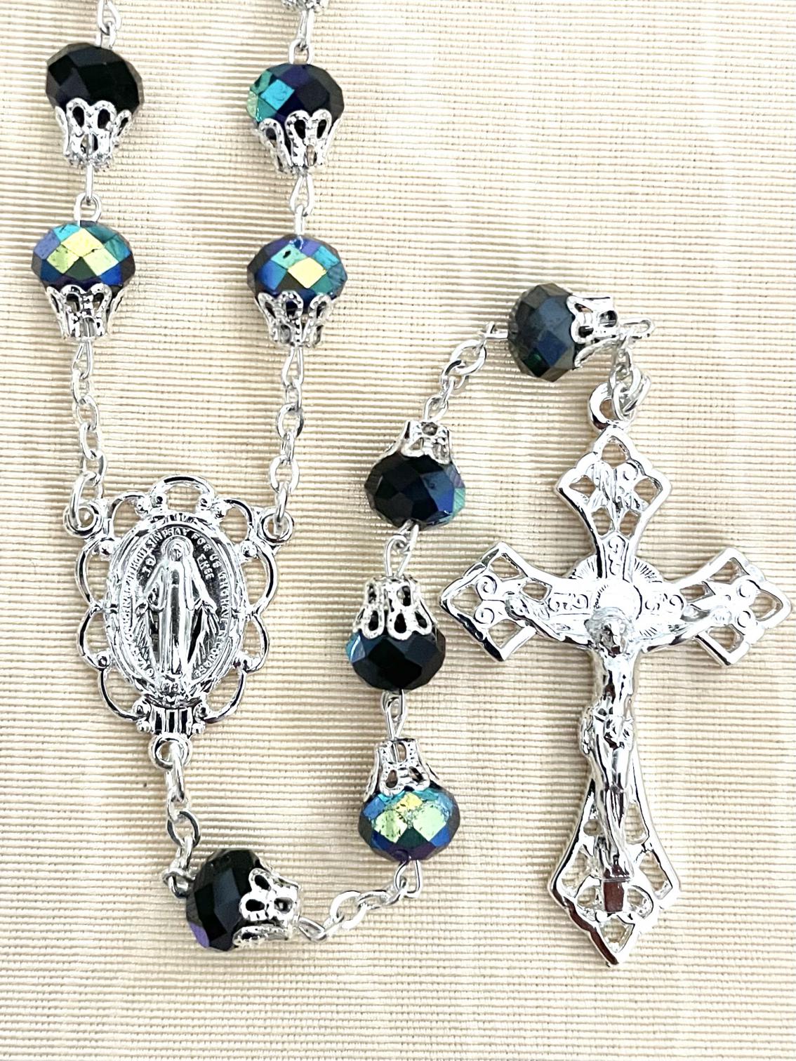 8X6 TIN CUT CAPPED AB JET ROSARY WITH STERLING SILVER PLATED CRUCIFIX AND CENTER, GIFT BOXED
