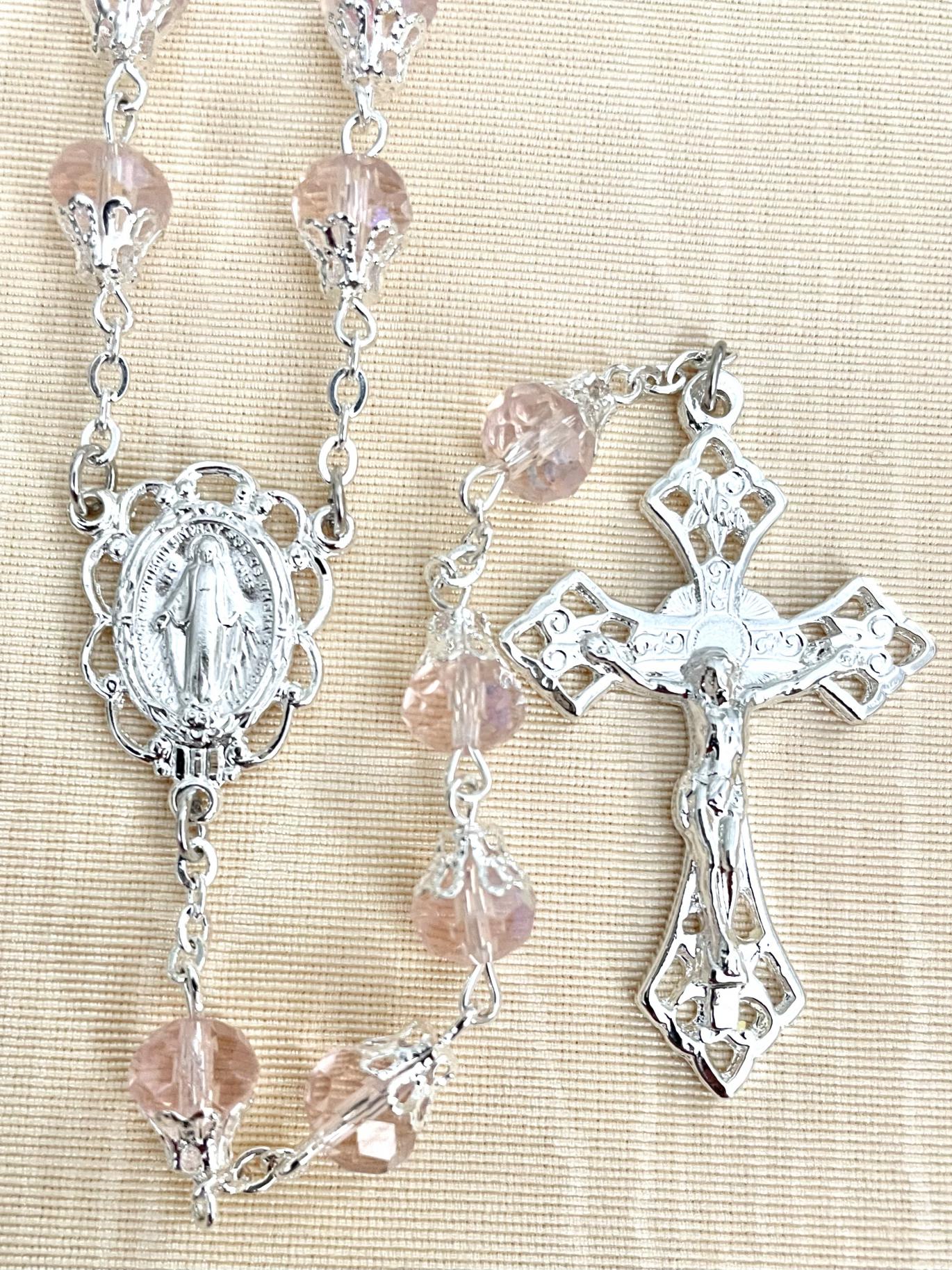 8X6 TIN CUT CAPPED AB PINK ROSARY WITH STERLING SILVER PLATED CRUCIFIX AND CENTER, GIFT BOXED