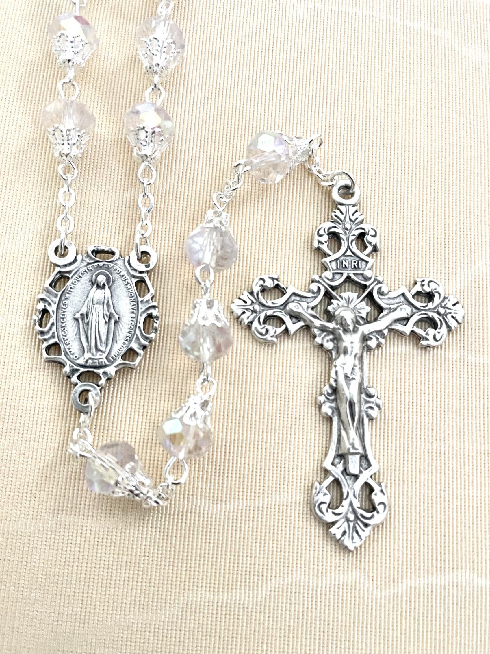 8x6 CRYSTAL TIN CUT SILVER CAPPED ROMAGNA ROSARY BOXED