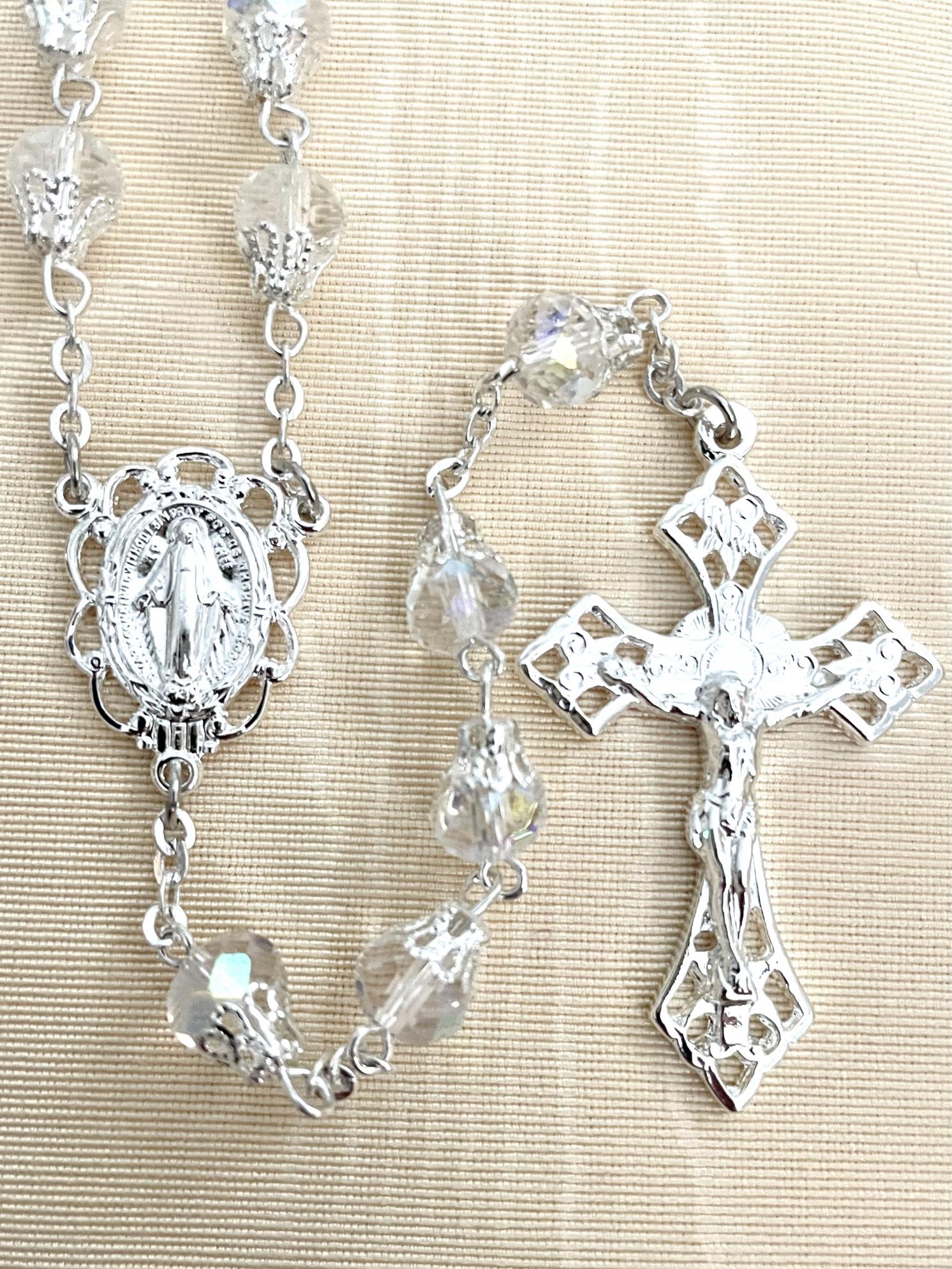 8X6 TIN CUT CAPPED AB CRYSTAL ROSARY WITH STERLING SILVER PLATED CRUCIFIX AND CENTER, GIFT BOXED