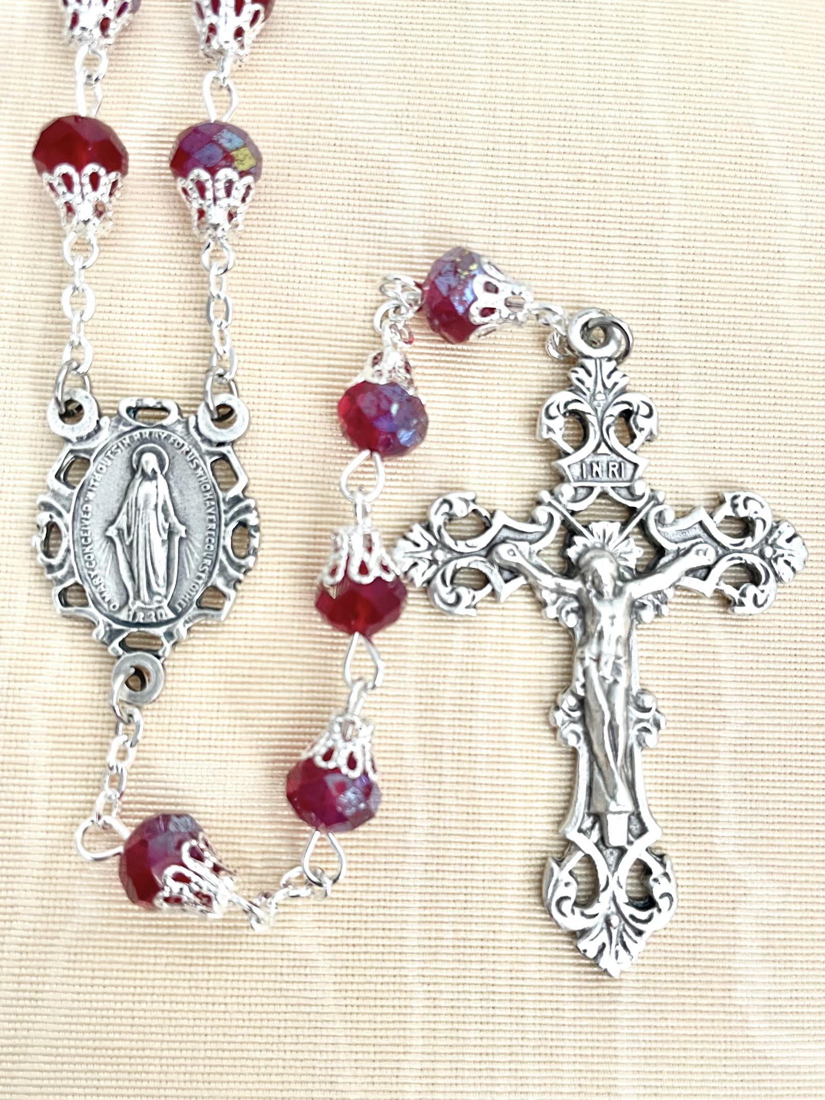 8x6 RUBY TIN CUT SILVER CAPPED ROMAGNA ROSARY BOXED
