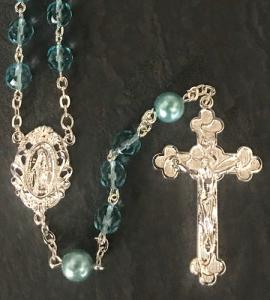 6mm AQUA with PEARL OUR FATHER S.S. PLATE LOC-LINK ROSARY BOXED