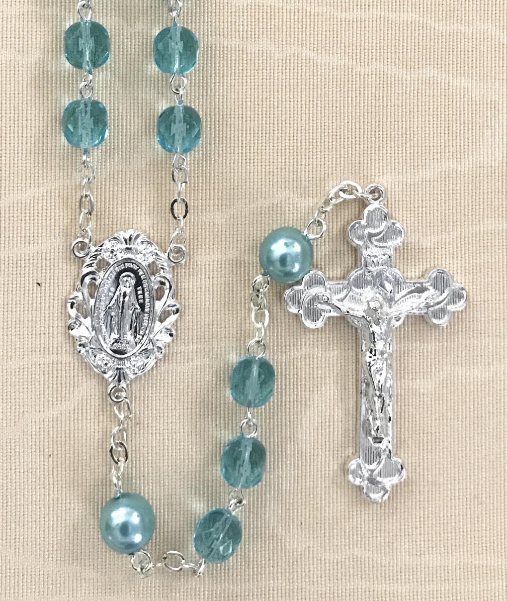 6mm AQUA WITH PEARL OUR FATHER BEADS STERLING SILVER PLATED ROSARY GIFT BOXED