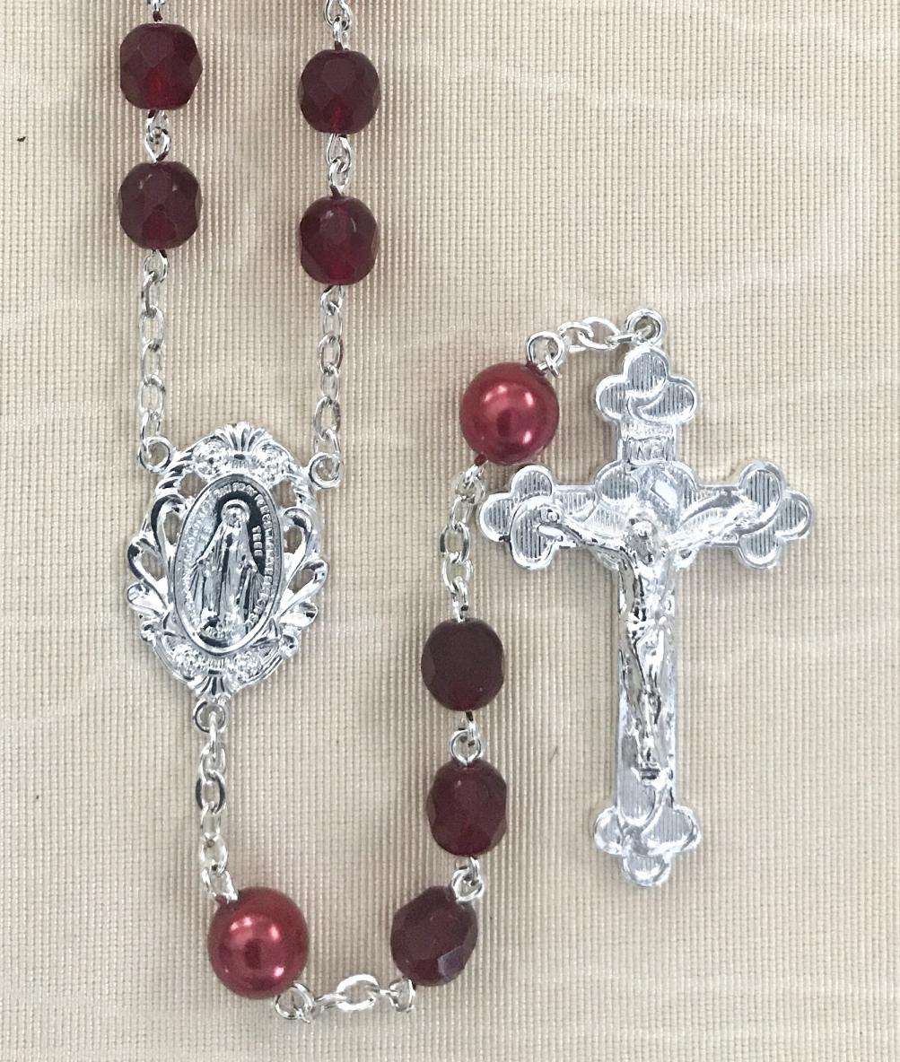 6mm GARNET WITH PEARL OUR FATHER BEADS STERLING SILVER PLATED ROSARY GIFT BOXED