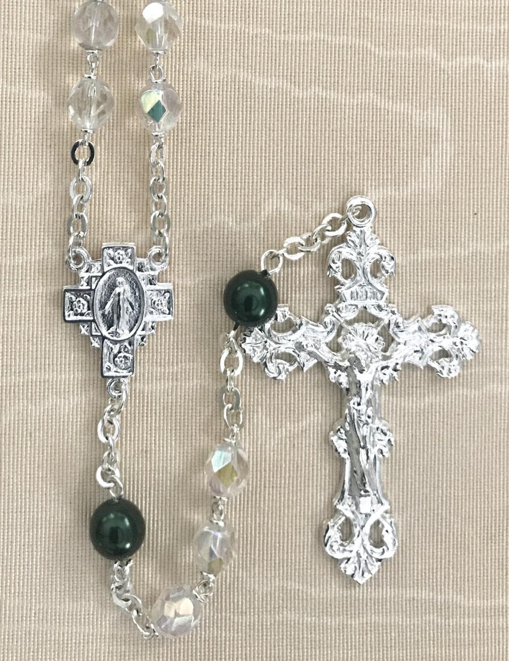 7mm CRYSTAL AB WITH EMERALD PEARL OUR FATHER BEADS STERLING SILVER PLATED ROSARY GIFT BOXED