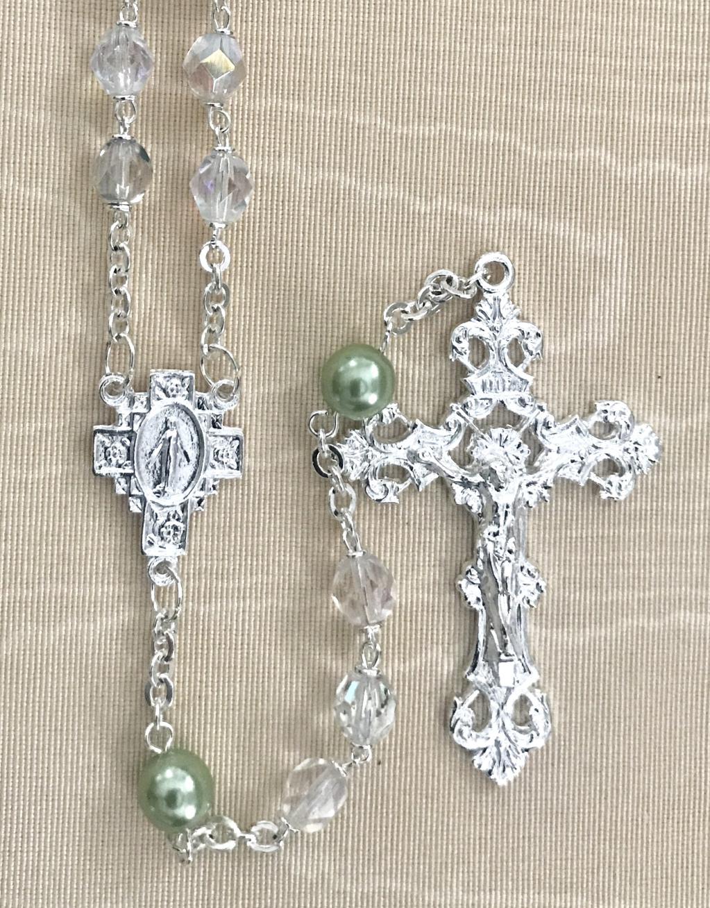 7mm CRYSTAL AB WITH PERIDOT PEARL OUR FATHER BEADS STERLING SILVER PLATED ROSARY GIFT BOXED
