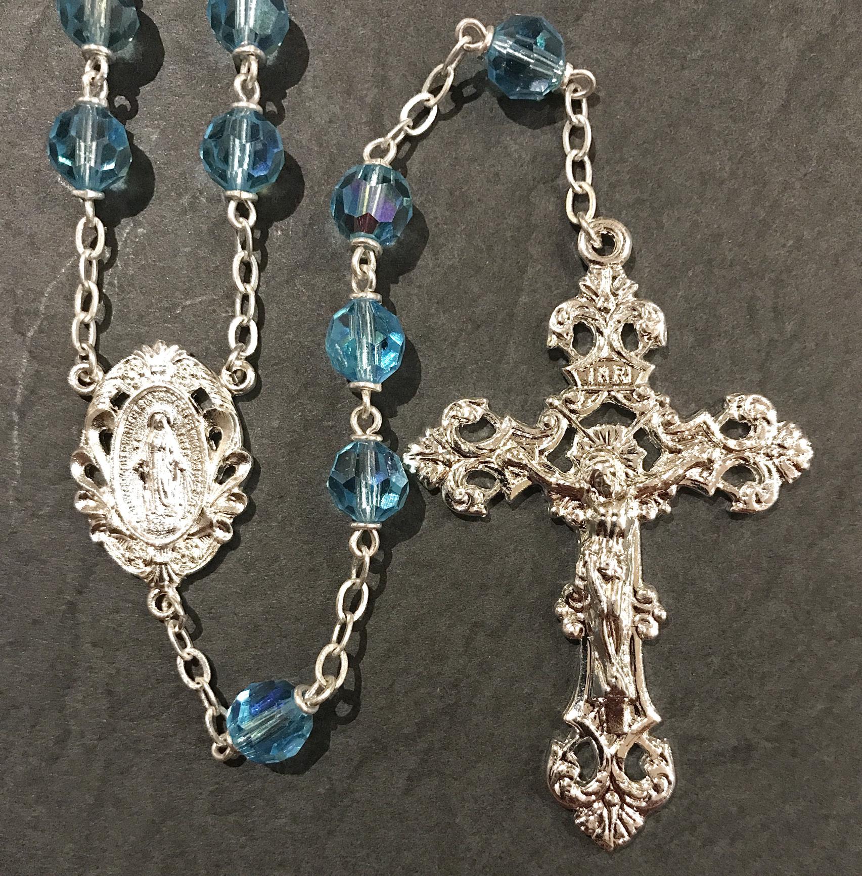 7mm AQUA TIN CUT AB ROSARY WITH STERLING SILVER PLATED CRUCIFIX, CENTER, WIRE, CHAIN GIFT BOXED
