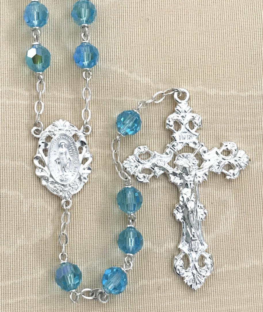 7mm AQUA TIN CUT AB STERLING SILVER PLATED ROSARY GIFT BOXED
