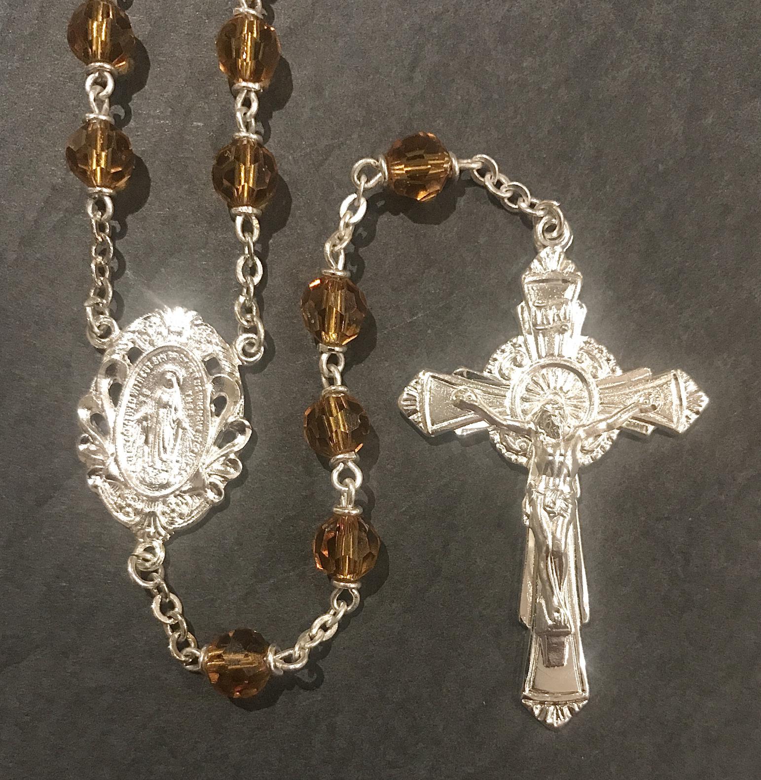 6mm TOPAZ TIN CUT LOC-LINK ROSARY WITH STERLING SILVER PLATED CRUCIFIX, CENTER, WIRE, CHAIN GIFT BOXED
