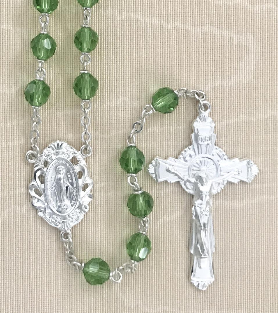 6mm PERIDOT TIN CUT LOC-LINK STERLING SILVER PLATED ROSARY GIFT BOXED