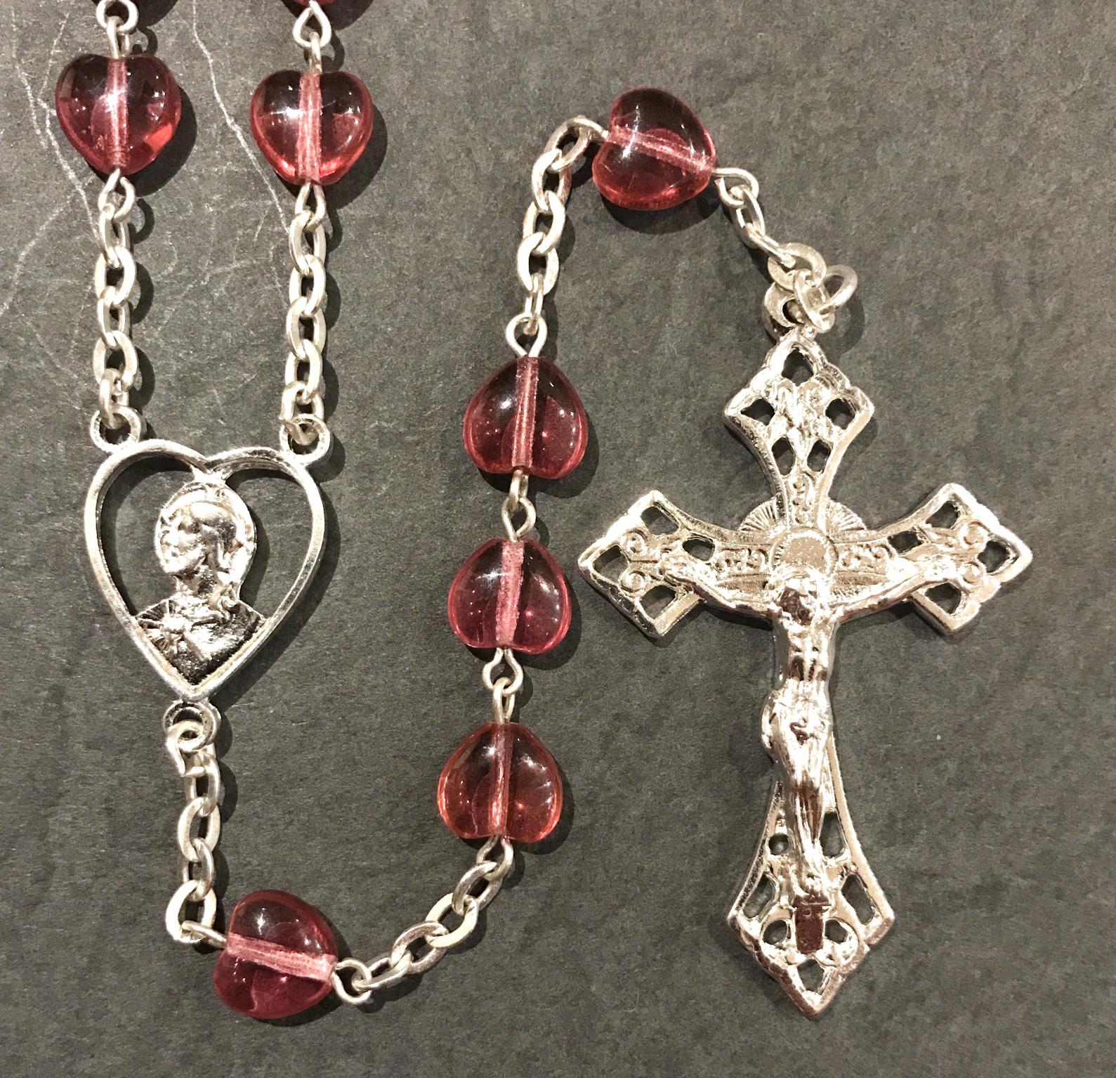 8X8mm PINK HEART SHAPED ROSARY WITH STERLING SILVER PLATED CRUCIFIX, CENTER, WIRE, CHAIN GIFT BOXED