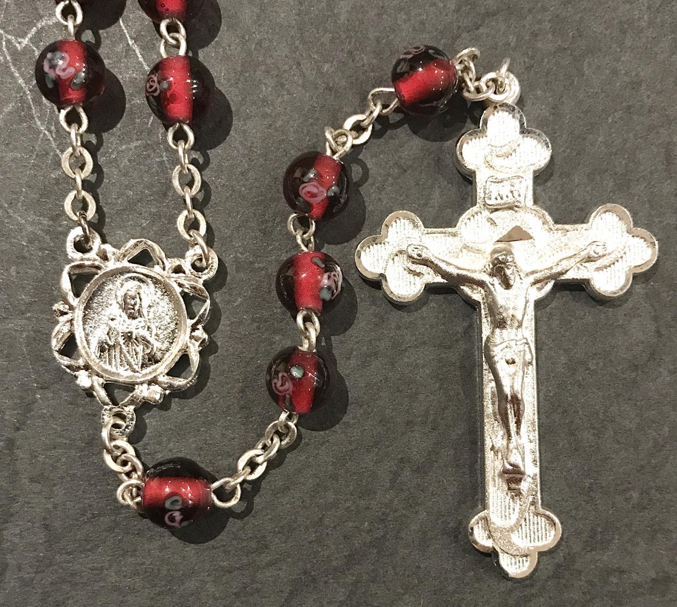 6mm HAND PAINTED RUBY LAMP BEAD ROSARY WITH STERLING SILVER PLATED CRUCIFIX, CENTER, WIRE, CHAIN GIFT BOXED