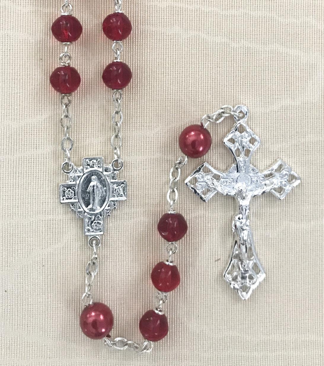 7mm RUBY WITH RED PEARL OUR FATHER BEADS STERLING SILVER PLATED ROSARY GIFT BOXED