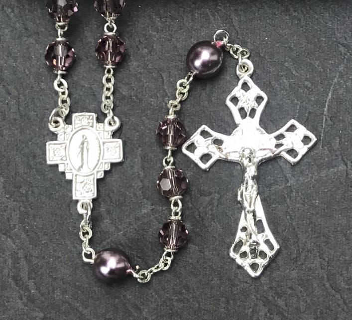 6mm AMETHYST TIN CUT WITH PEARL OUR FATHER BEADS WITH STERLING SILVER PLATE ROSARY BOXED