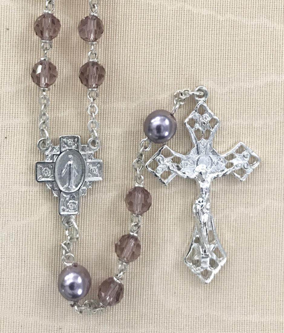 6mm AMETHYST TIN CUT WITH PEARL OUR FATHER BEADS STERLING SILVER PLATED ROSARY GIFT BOXED
